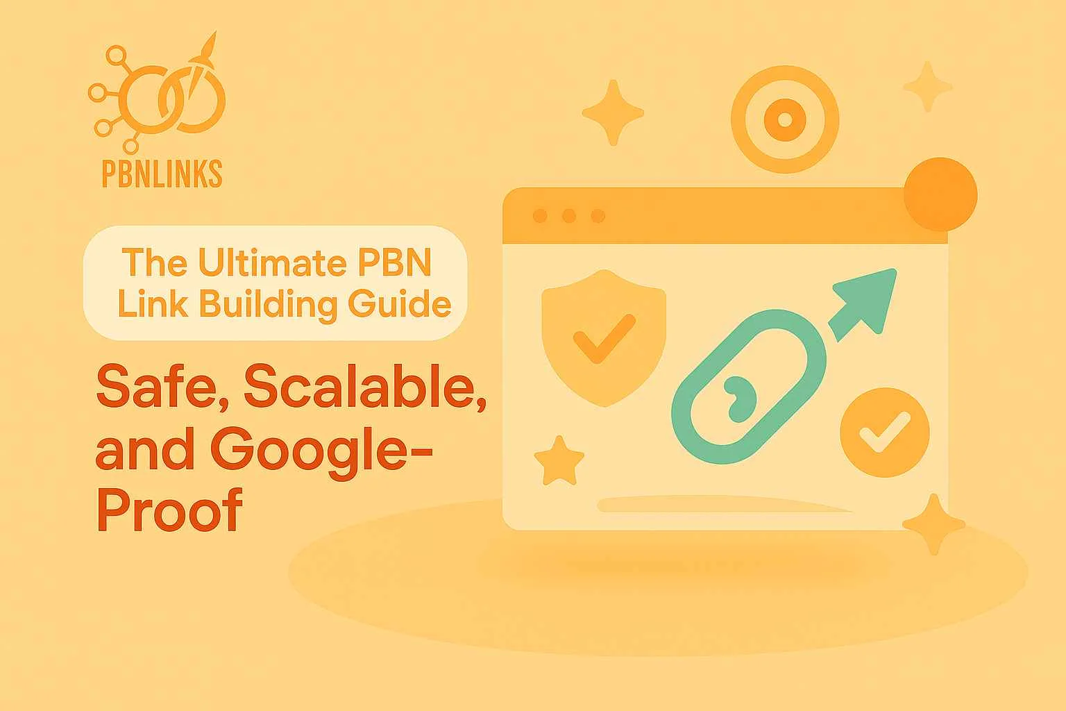 Visual concept of a PBN link building network showing connected websites, link paths, and SEO growth metrics.