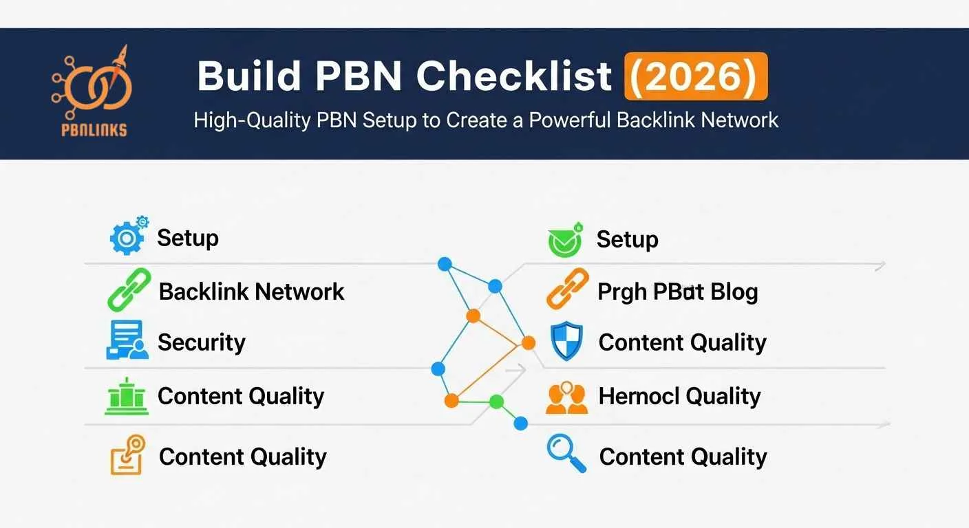 Build PBN checklist 2026 showing steps to create a high-quality backlink network.