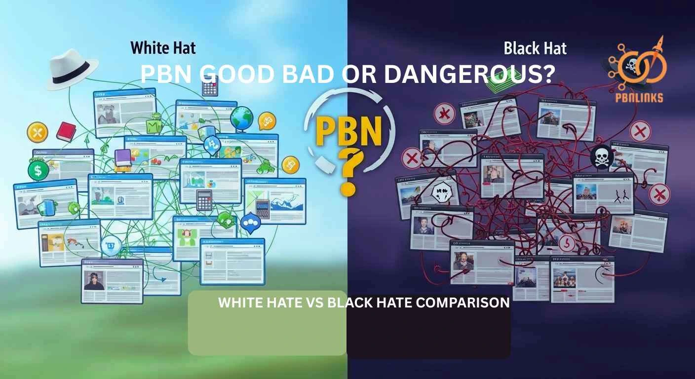 PBN white hat vs black hat comparison 2026 showing safe and risky SEO practices