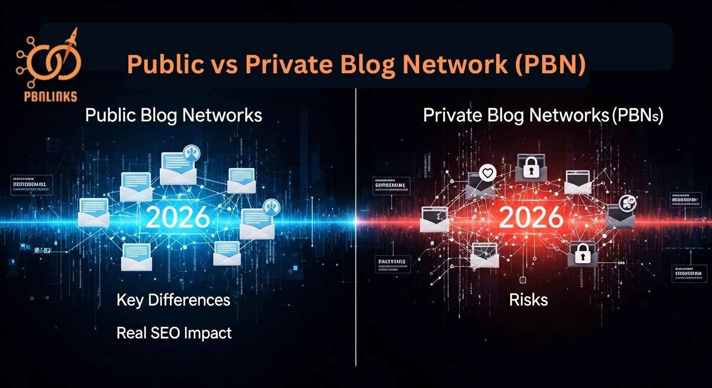 Public vs Private PBN 2026 comparison showing SEO differences and risks