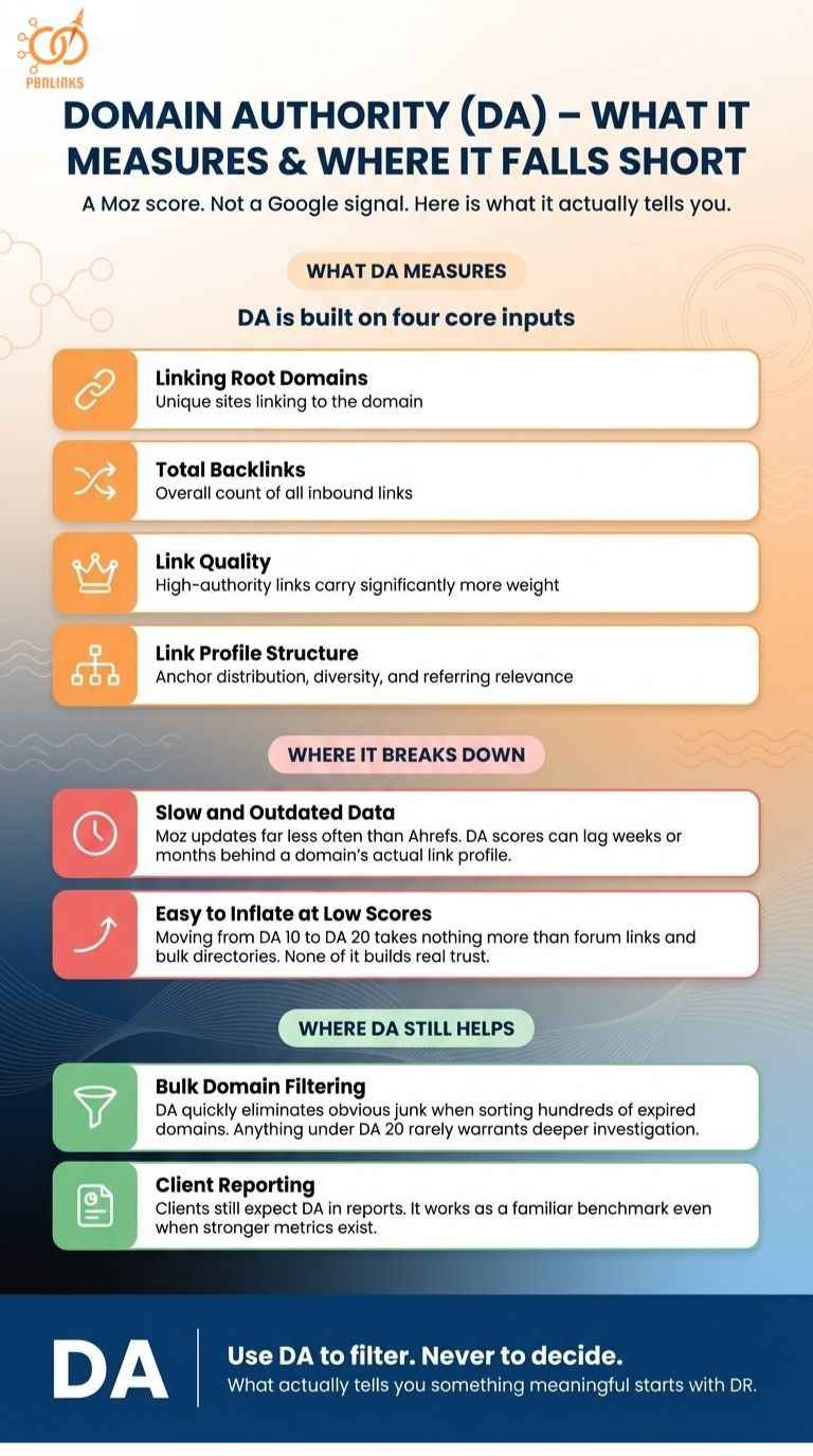 Domain Authority (DA)  What It Measures and Where It Falls Short infographic