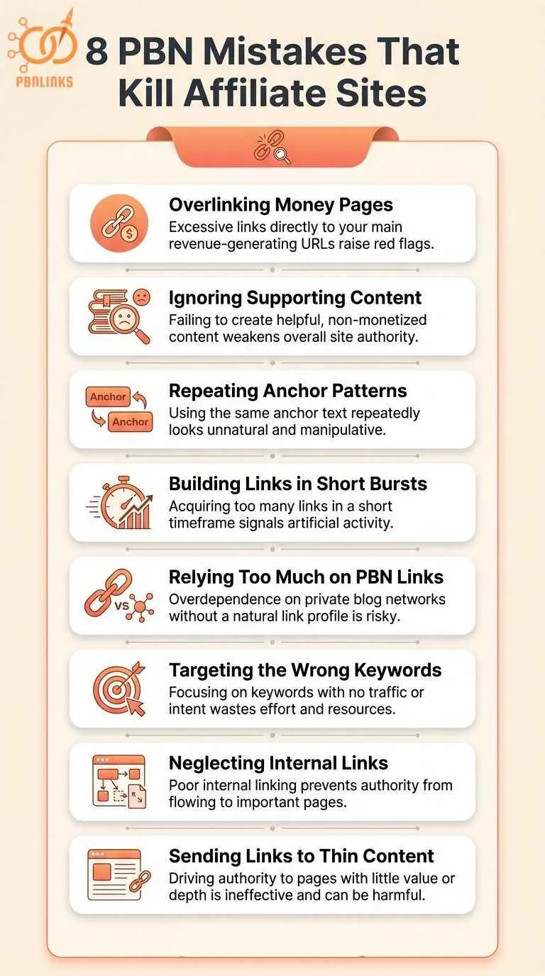 8 pbn mistakes that kill affiliate sites infographic