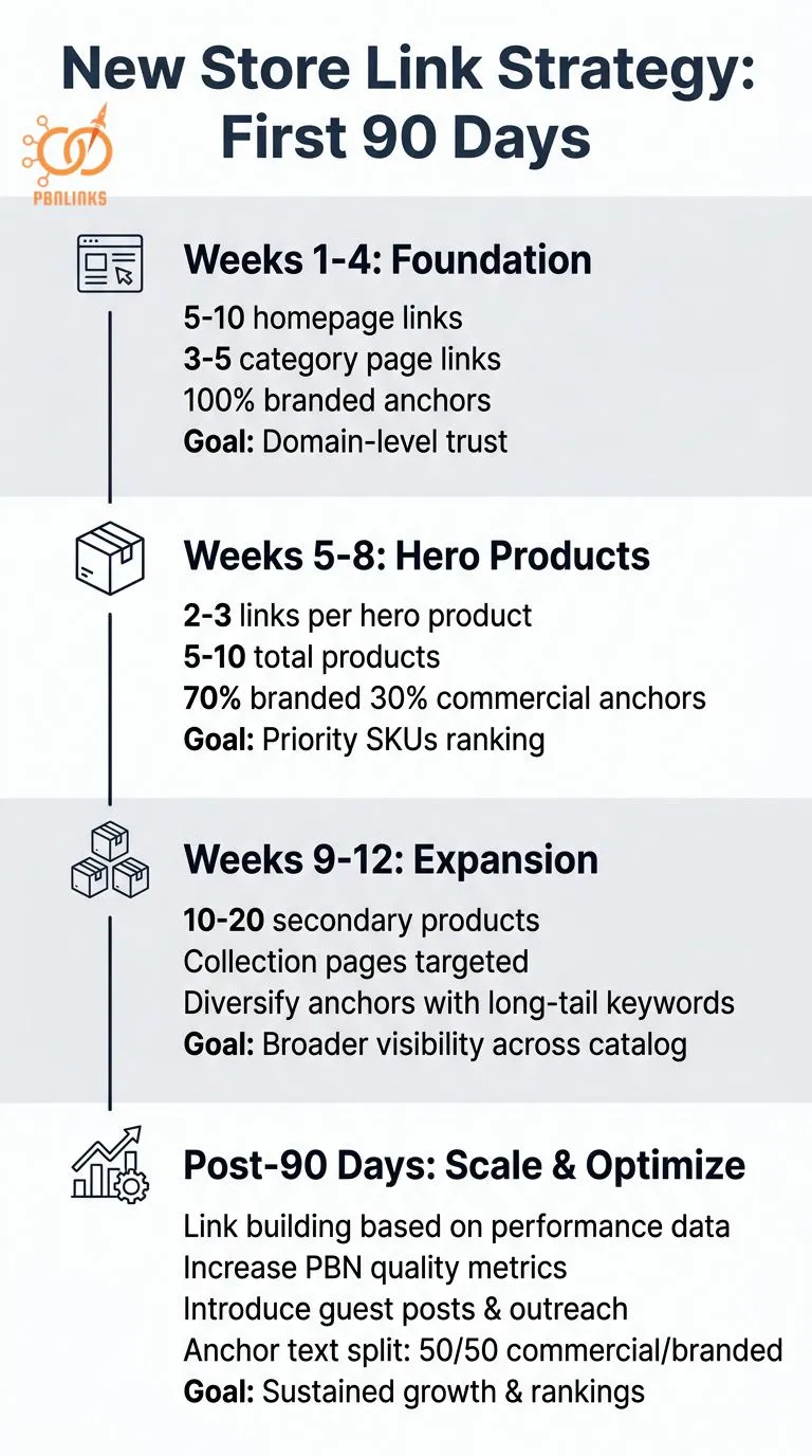 ecommerce pbn first 90 days timeline infographic
