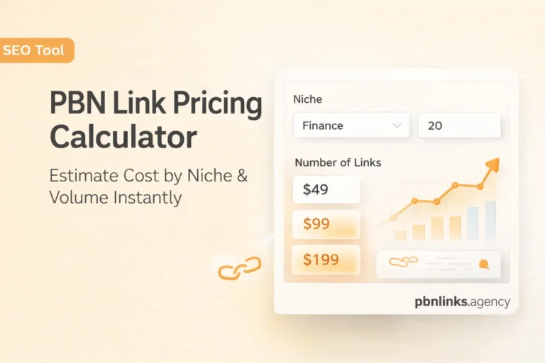 PBN link pricing calculator showing cost estimation by niche and number of backlinks with SEO growth chart