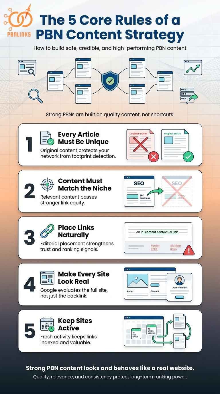 The Five Core Rules of a PBN Content Strategy infographic