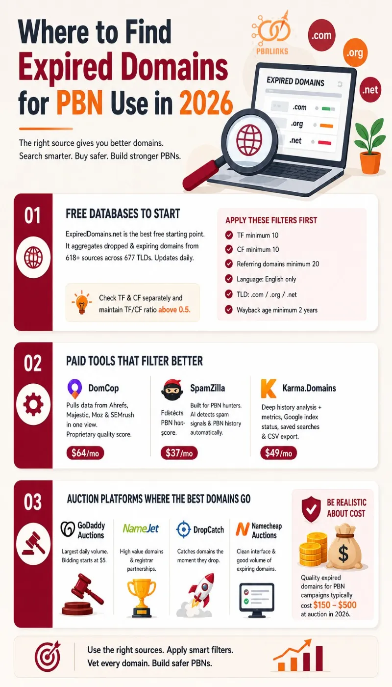 Where to Find Expired Domains for PBN Use in 2026 infographic