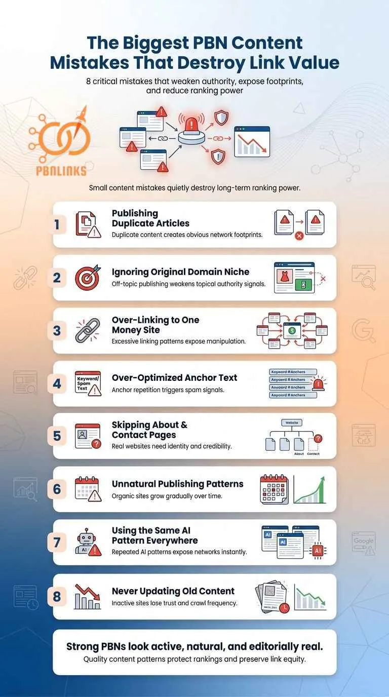 pbn content mistakes destroying link value infographic