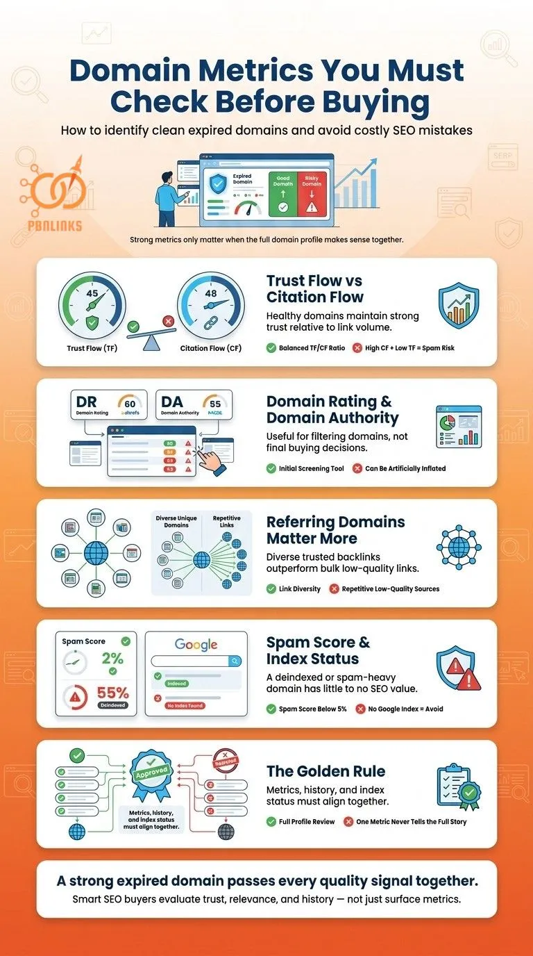 pbn domain metrics checklist infographic