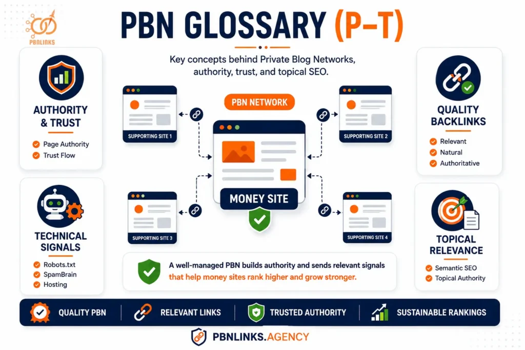 PBN Glossary P–T infographic covering PageRank, PBN hosting, topical authority, and trust flow.