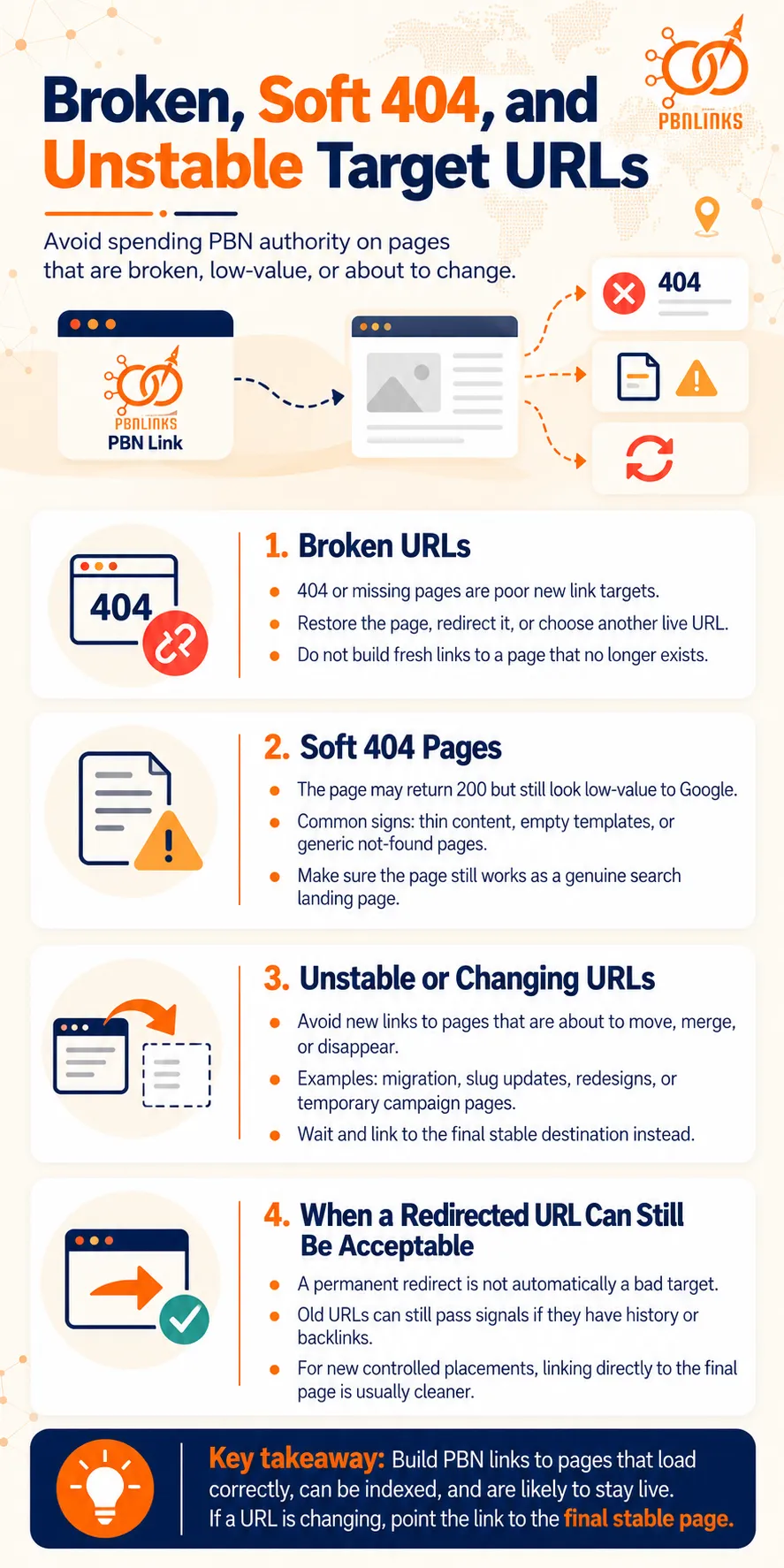 Broken, Soft 404, and Unstable Target URLs infographic
