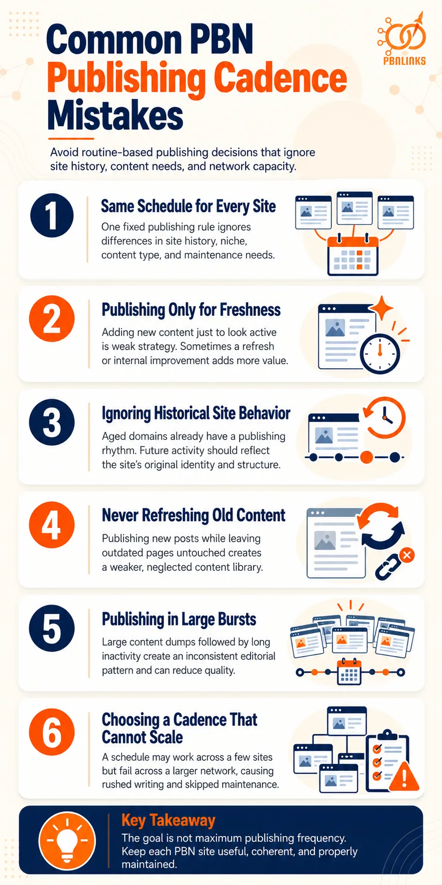 Common PBN Publishing Cadence Mistakes infographic