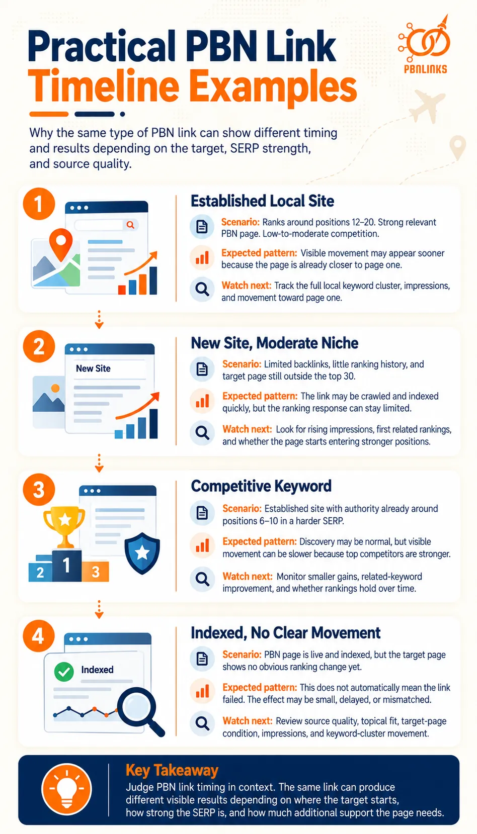 Practical PBN Link Timeline Examples infographic